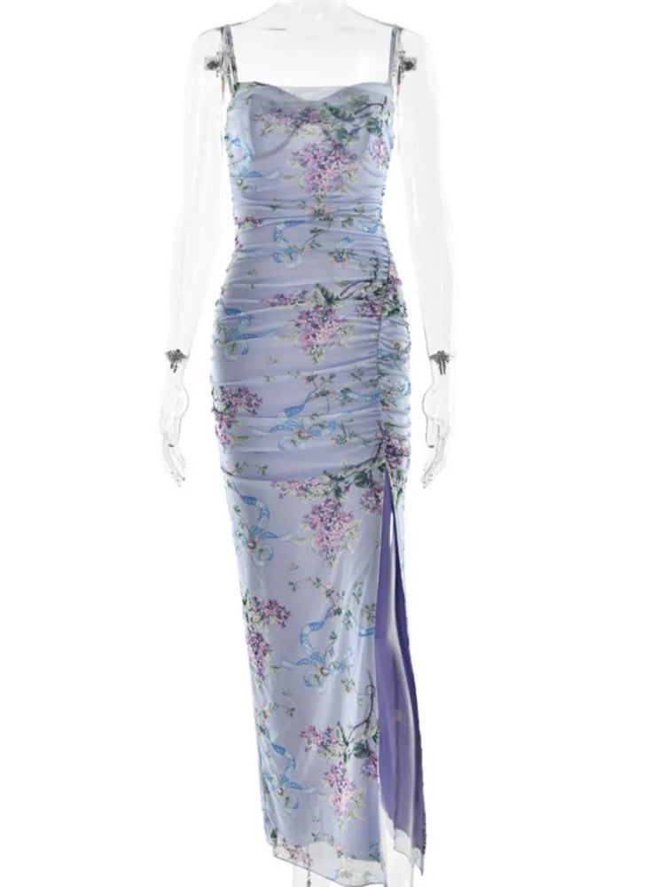Vestido longo de malha com estampa floral azul para mulheres, com zíper, alças finas, sem mangas, costas nuas, fenda, vestido longo para festa