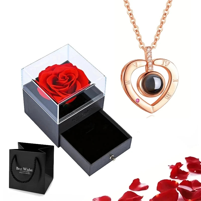 Projection Necklace Set With Rose Gift Box 100 Languages I Love You Heart Pendant Jewelry Accessories gold-02 45cm