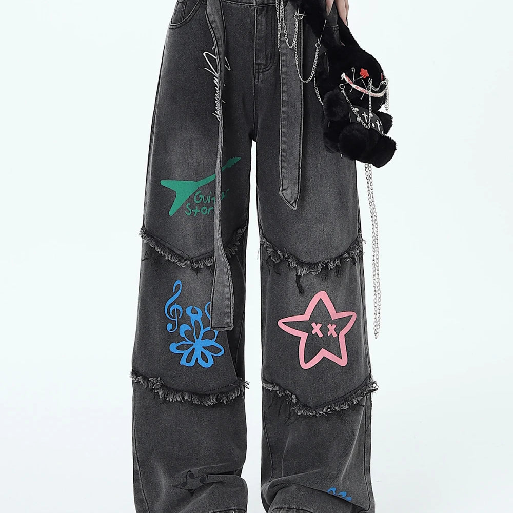 American Retro Graffiti Women's Jeans Autumn Winter Casual Star Jeans for Women Patchwork Women High Waist Y2K Pants with Belt