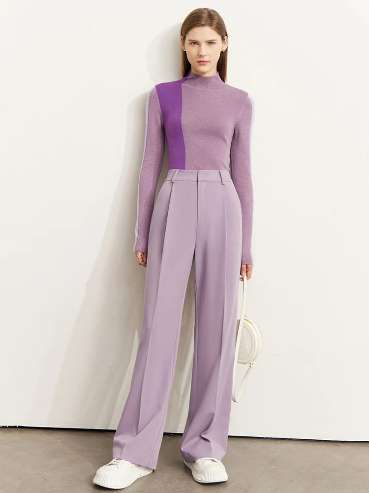 Minimalism Knitted Sweater Women Autumn All-match Slim Half High Collar Splicing Design Soft Clothing Tops Violet