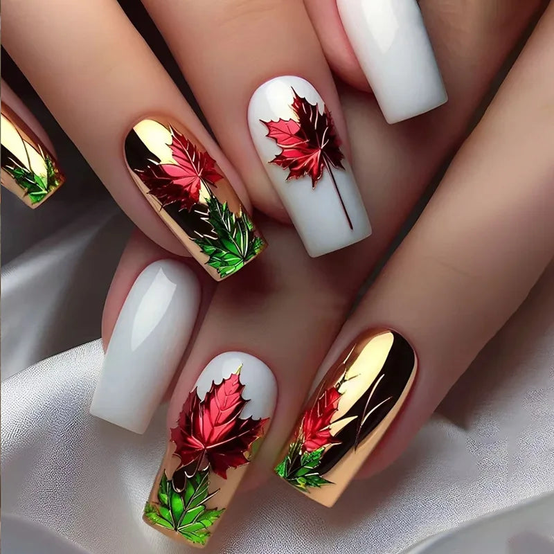 24Pc Retro Gold False Nails Mid-length Square Ballet Acrylic Press on Nails with Maple Leaves Designs Fake Nails with Jelly Glue