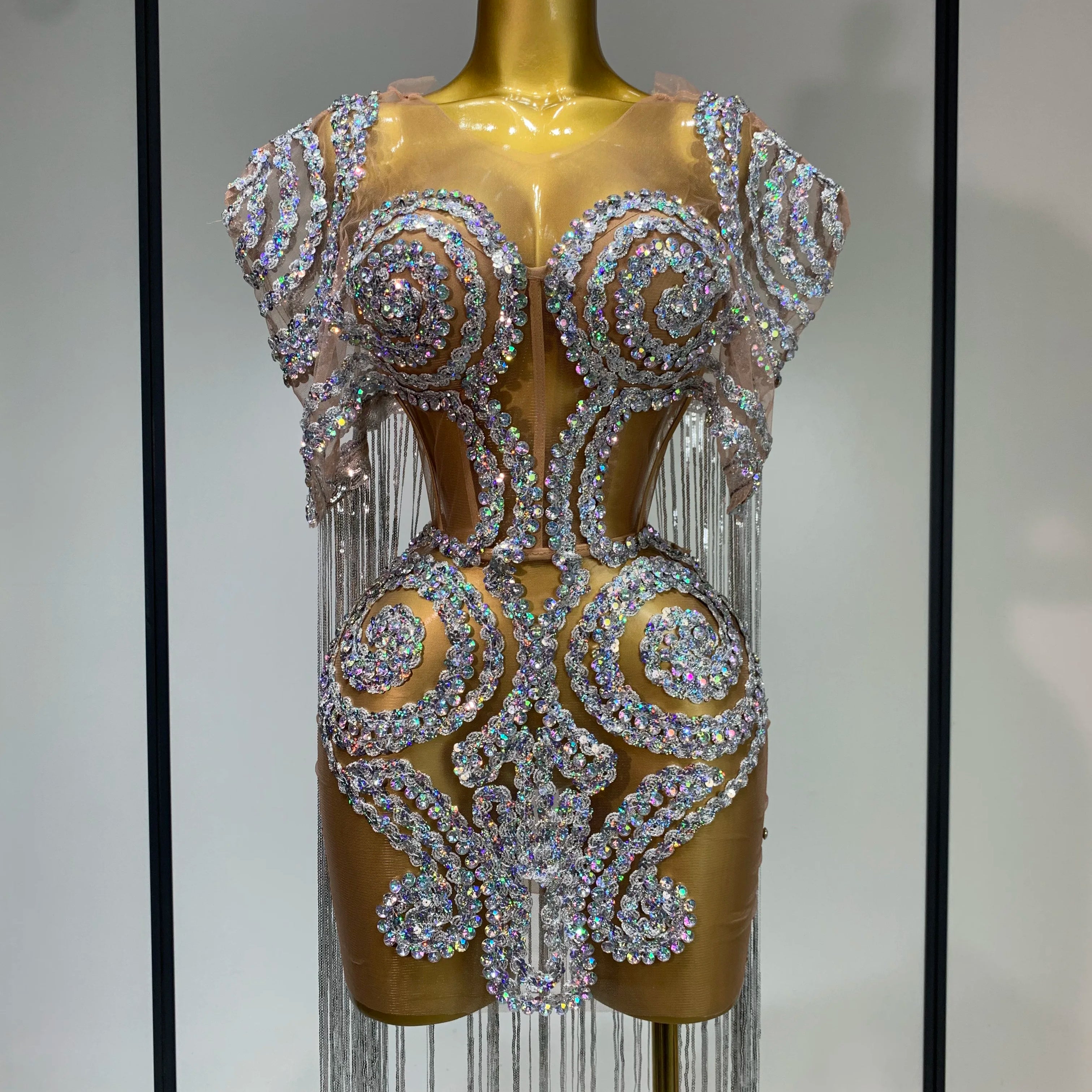 Sparkly Rhinestones Tassel Sexy Mesh Transparent Short Dress Women Evening Party Luxury Birthday Nightclub Singer Stage Costume