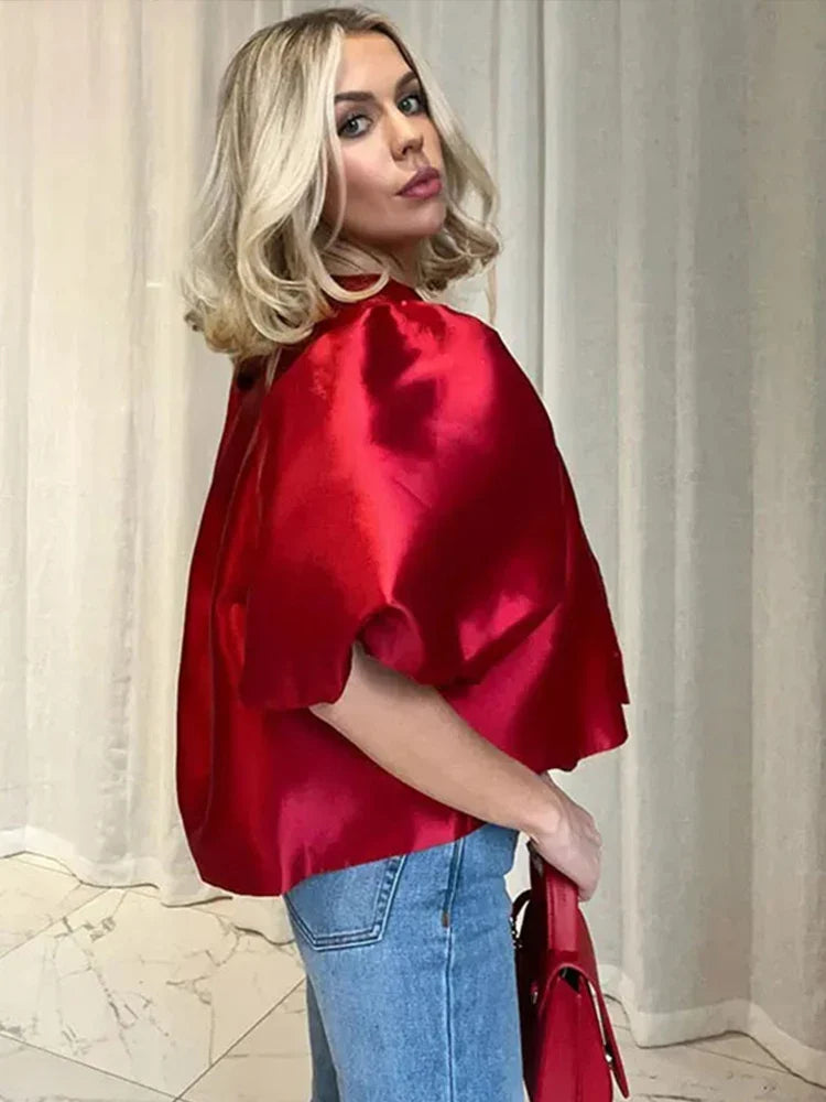 Satin Elegant Shirts Women White Lantern Short Sleeve O-neck Loose Female Blouses Spring Summer Lady Tops Chic Streetwear