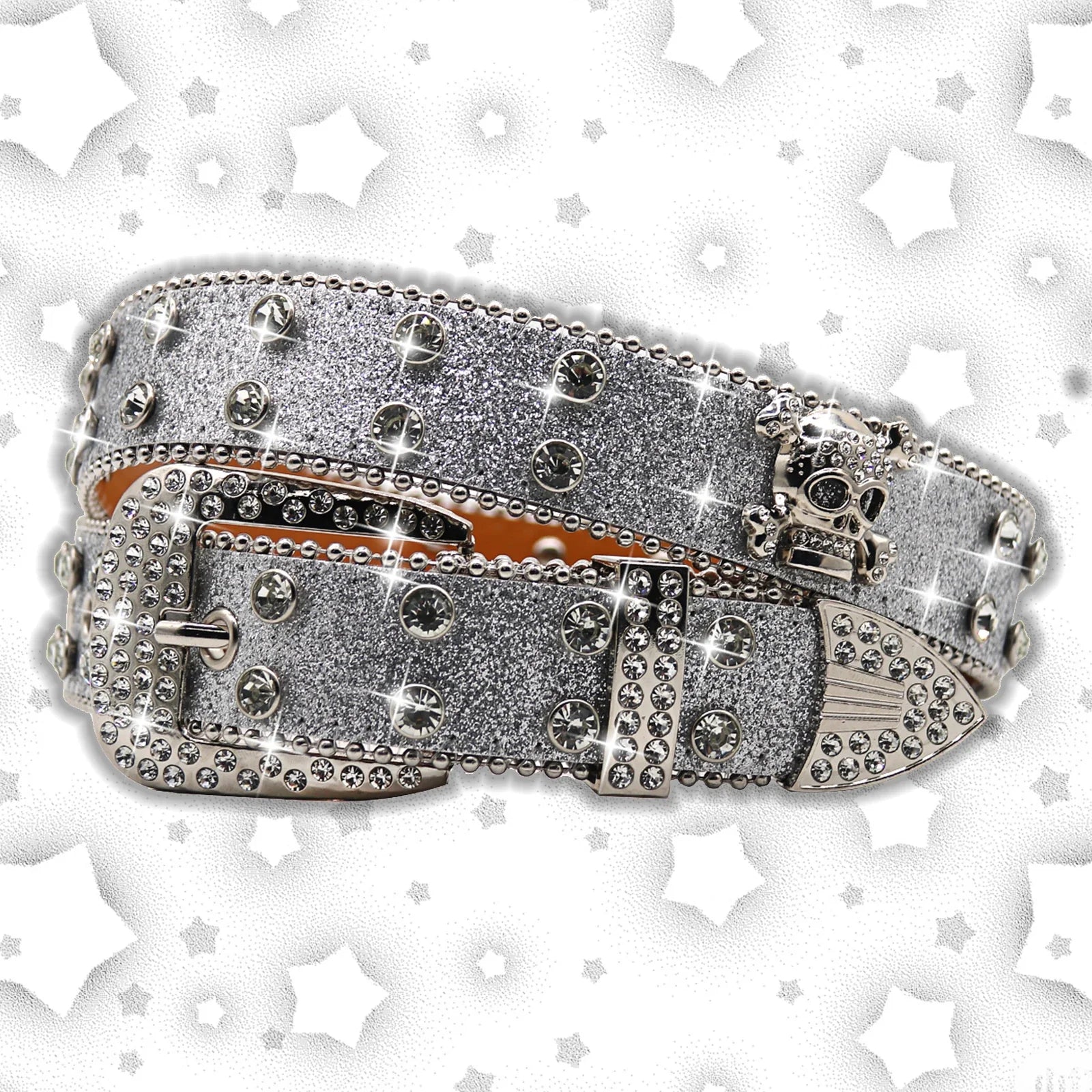 Women's Brand Luxury Sequin Punk Metal Buckle Belt Y2k Bling Skull Rhinestone Belt Fashion Waistband Jeans Pants Decor Belt Silver