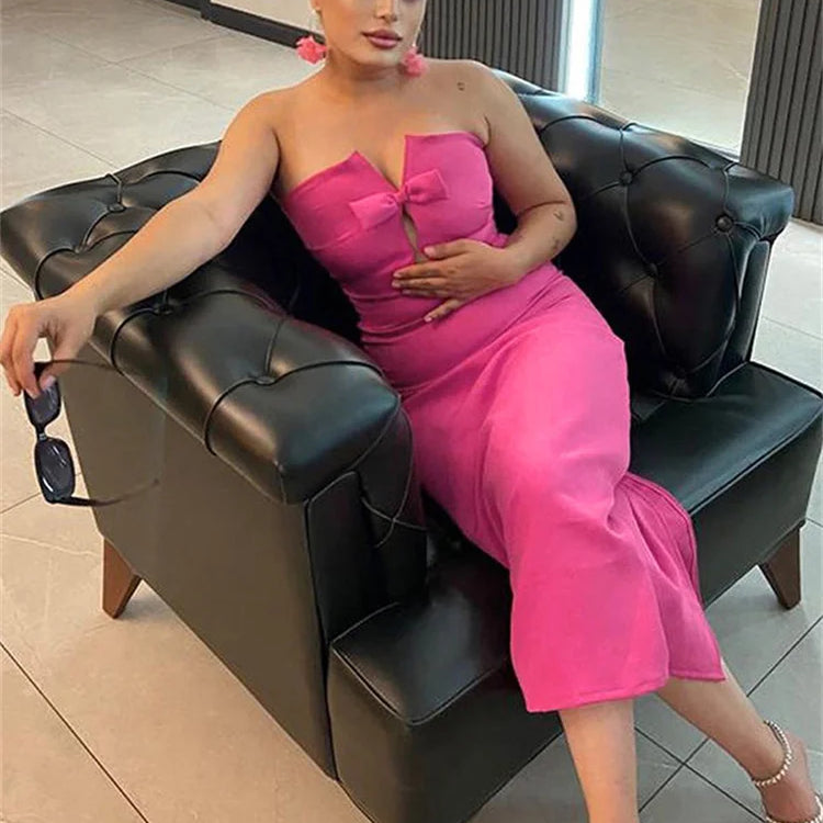 Tossy Tee Bow Off-Shoulder Slim Long Dress For Women Patchwork Fashion Elegant Hollow Out Backless Clothes Female Party Dress