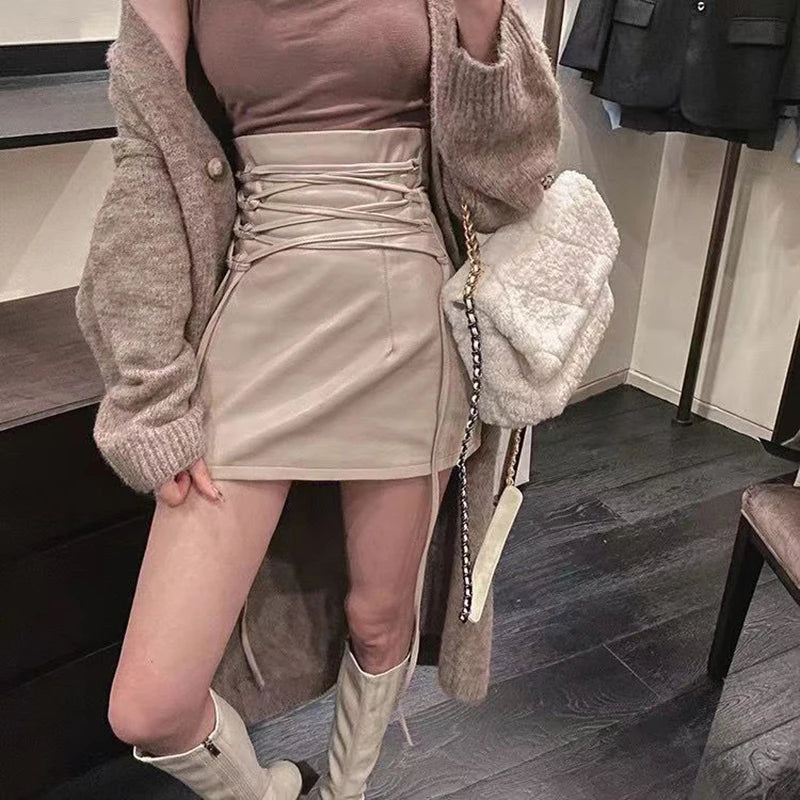 Black Leather Mini Skirts Women Gothic High Waist Slim Fit Lace-Up Pencil Skirt Female Sexy Club Back Zipper Split Bag Hip Skirt APRICOT