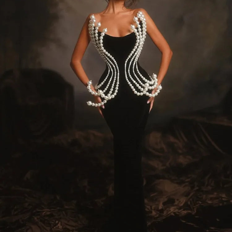 Women Celebrity Sexy Backless Strapless Black Pearl Maxi Long Bandage Bodycon Dress 2025 Elegant Evening Club Party Outfit