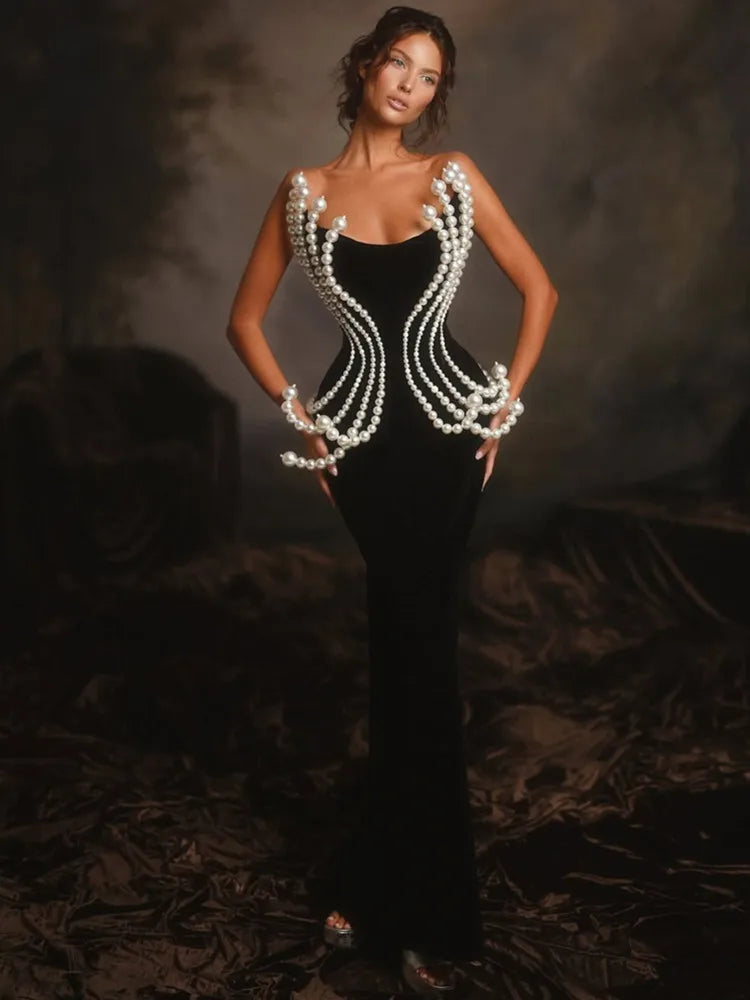 Women Celebrity Sexy Backless Strapless Black Pearl Maxi Long Bandage Bodycon Dress 2025 Elegant Evening Club Party Outfit