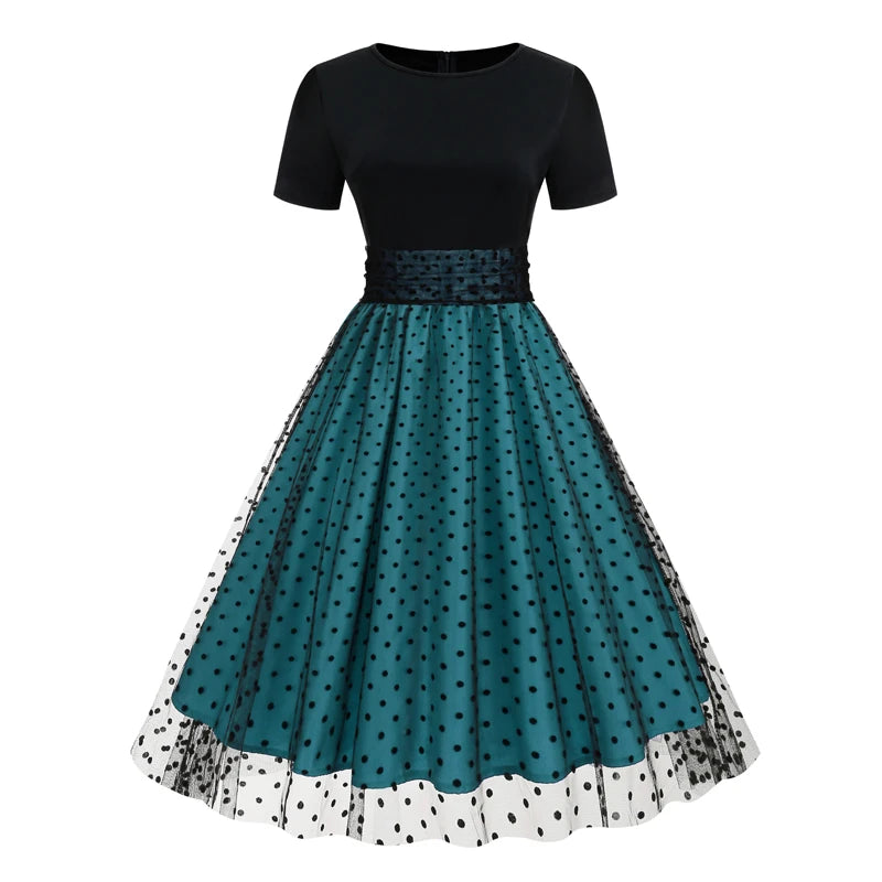 Tonval Round Neck Ruched High Waist Vintage Dot Mesh Overlay Pleated Dress Women Short Sleeve Evening Elegant Party Midi Dresses Turquoise