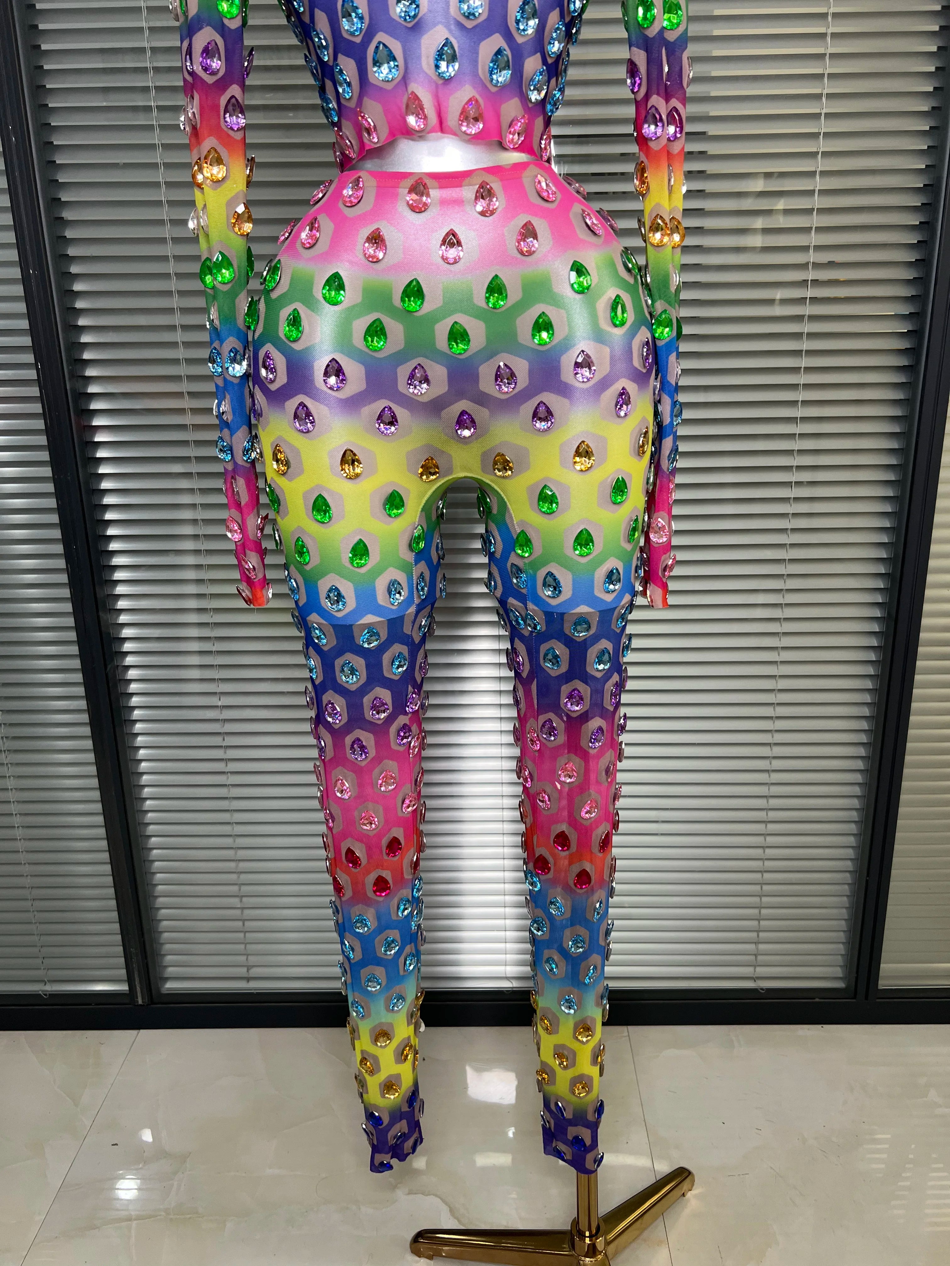 Women Sexy Two Pieces Set Crystal Diamond Night Club See Through Stretched Pants Suits Singer Dancer Stage Performance Costume