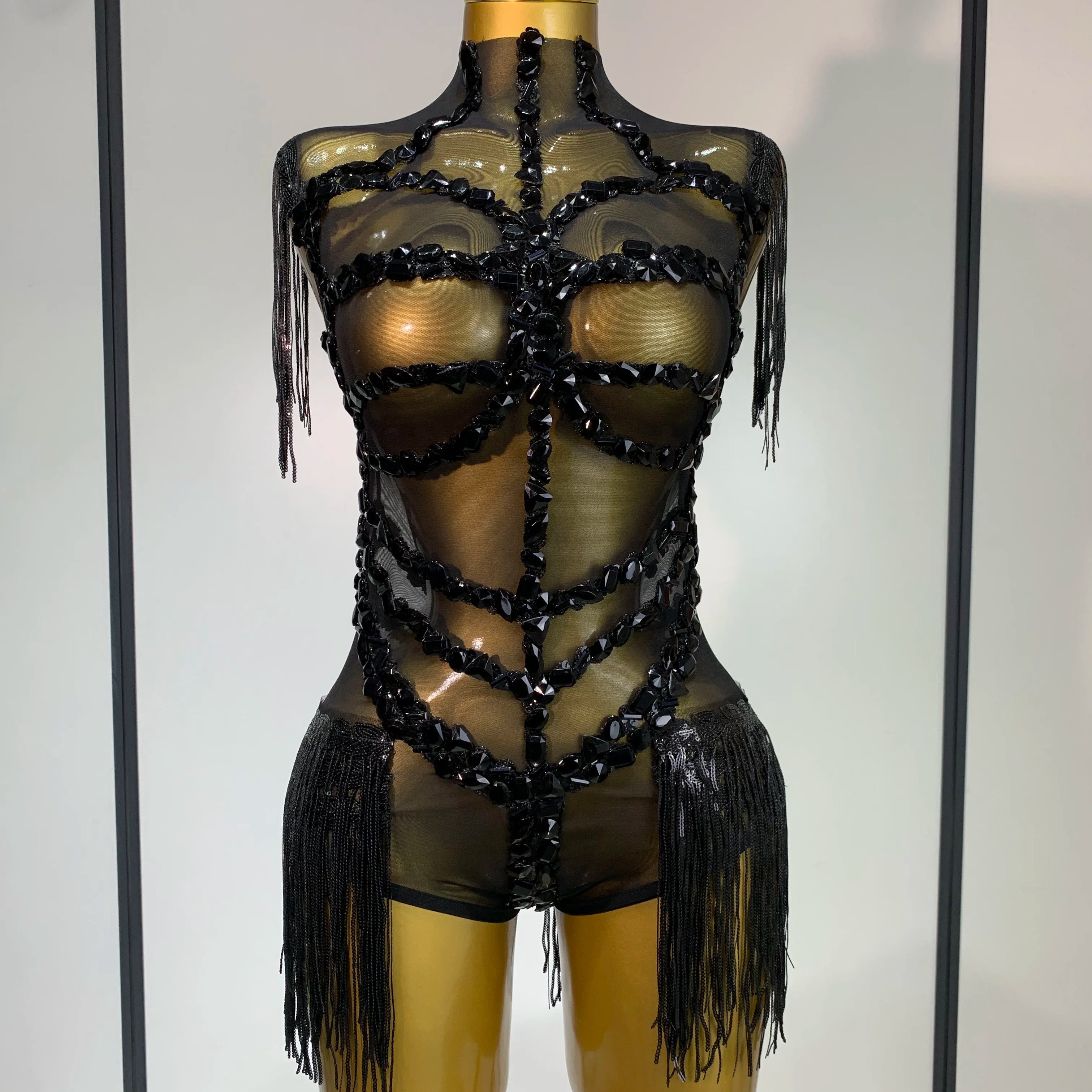 Sexy Mesh SeeThrough Black Rhinestone Bodysuit Singer Dancer Show Stage Outfit Celebrate Birthday party Club Performance Waer