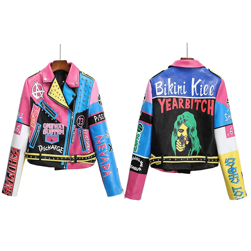 Spring Skull Pattern Graffiti Short Leather Jackets For Punk Women Rivet Slim Streetwear Motorcycle Jackets Coat 6