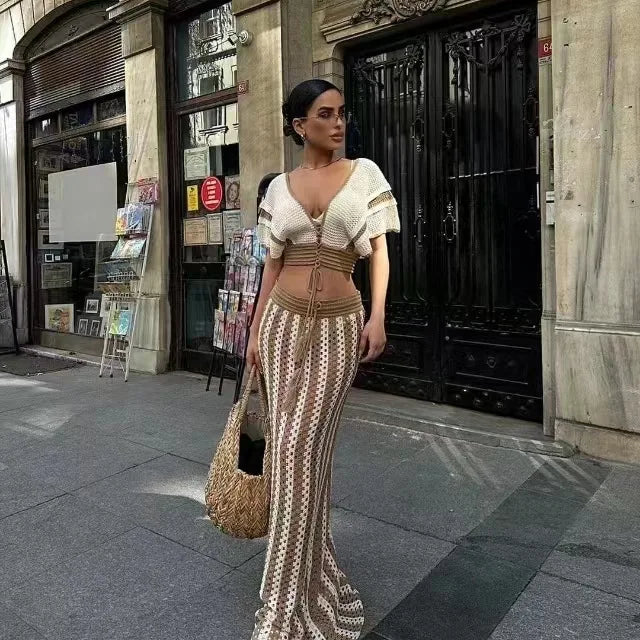 CM.YAYA Women's Set Short Sleeve V-neck Top + Long Skirts Suit Summer Knitted Hollow Out Streetwear Beach Sexy Two 2 Piece Sets