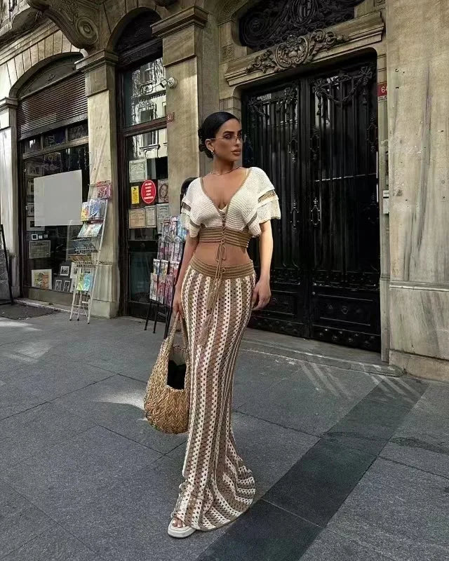 CM.YAYA Women's Set Short Sleeve V-neck Top + Long Skirts Suit Summer Knitted Hollow Out Streetwear Beach Sexy Two 2 Piece Sets