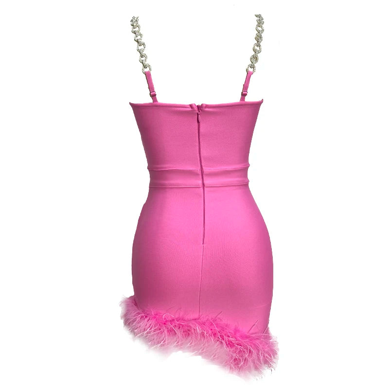 Dazzling Diamonds Chain Spaghetti Strap Gorgeous Feathers Mini Dress Fashion's Sexy Woman Evening Dress Birthday Party Outfit