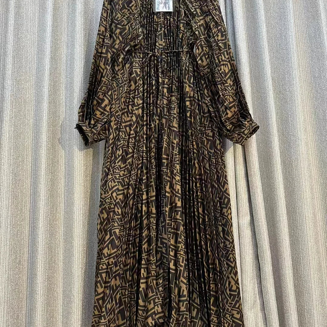 French Chic Print Pleated Maxi Party Dress For Women Retro Single Breasted Long Sleeve A-line Autumn Casual Vacation Female Robe Black brown One Size