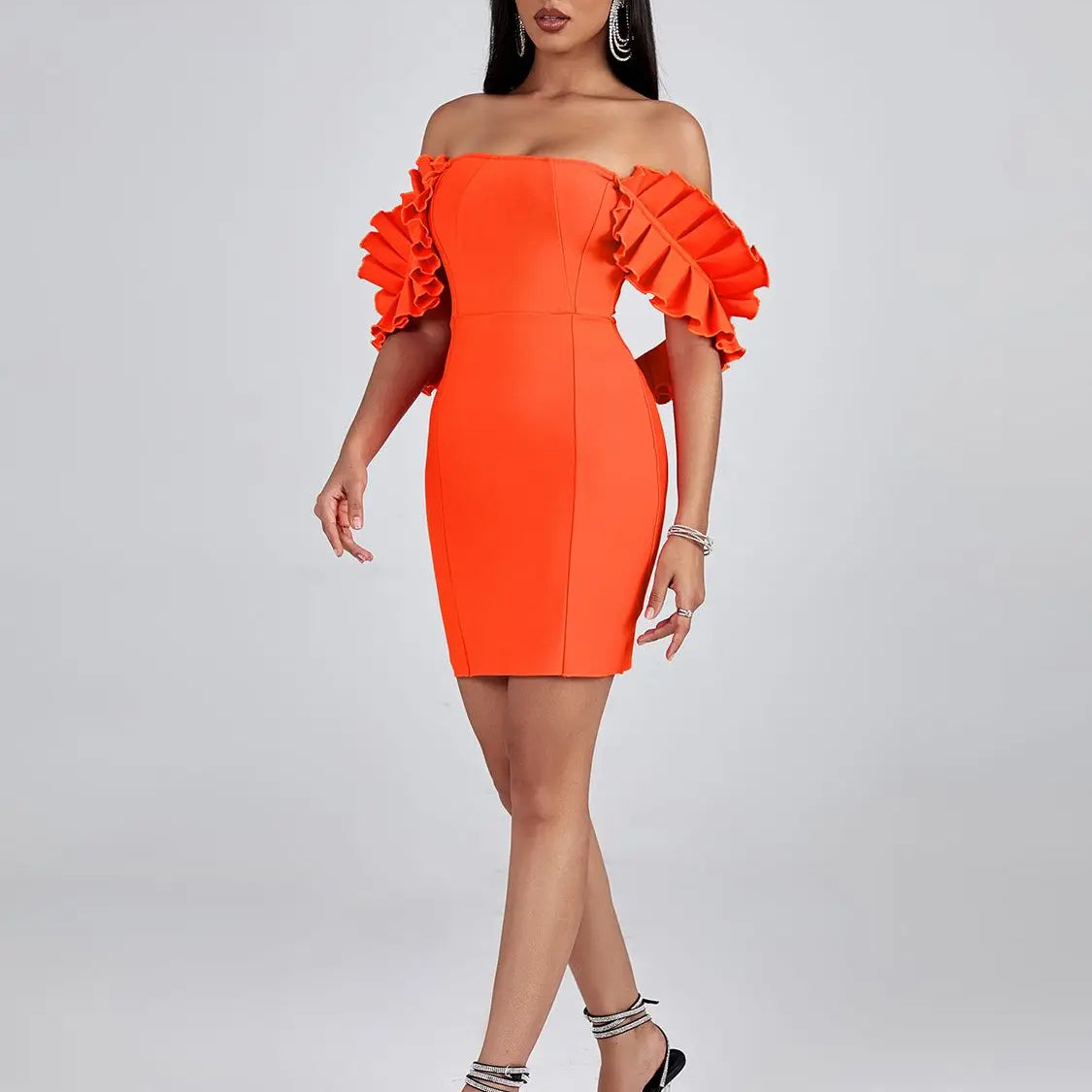 Orange Bandage Dress Women Mini Party Dress Bodycon Ruffle Elegant Sexy Off Shoulder Birthday Evening Club Outfits Summer