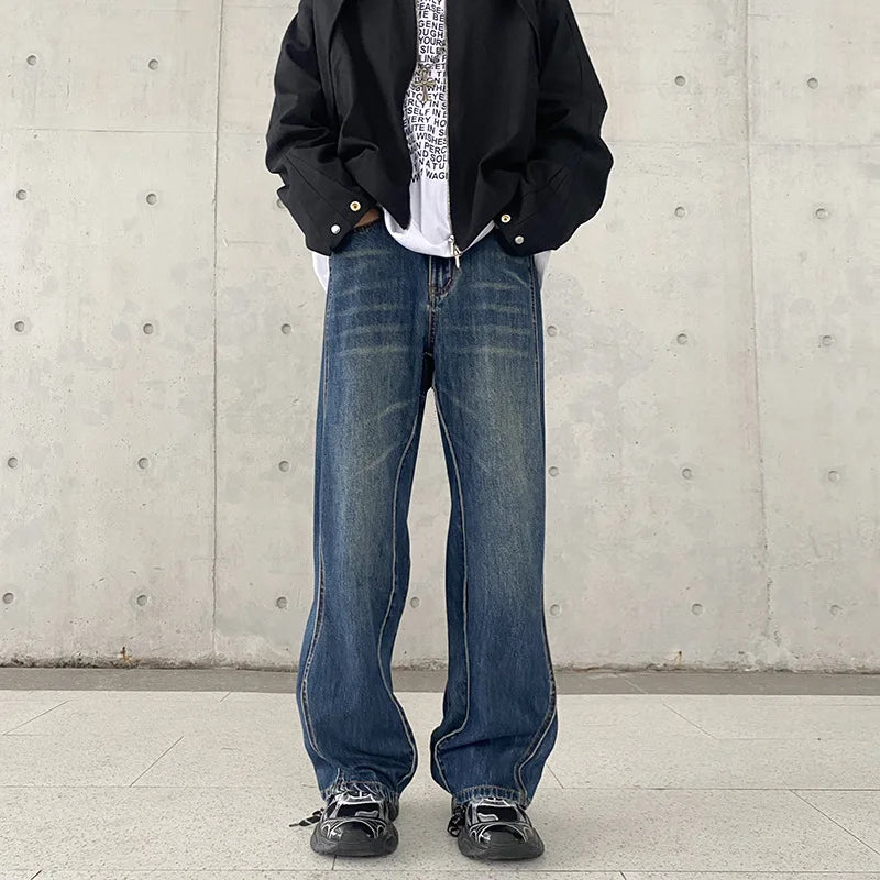 Autumn and Winter American Style Trendy Brand Irregular Curve Cut Jeans Men's Straight Loose All-match Long Pants