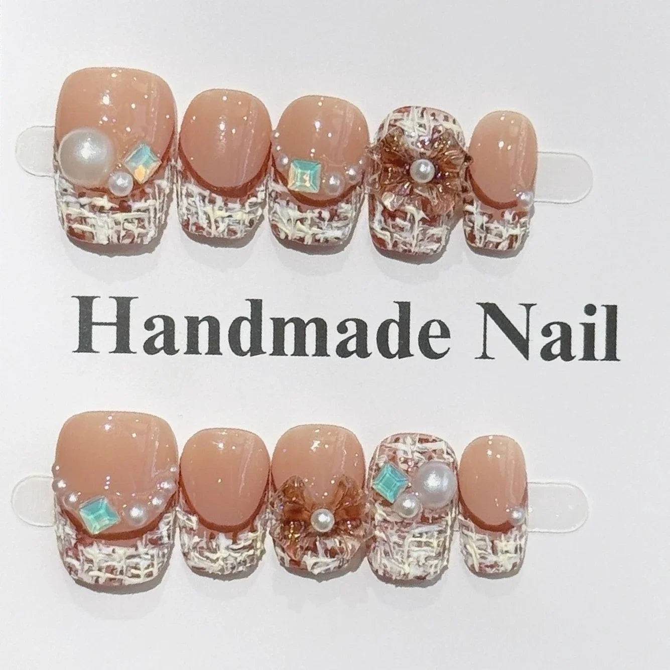 10Pcs New Autumn Nude Color French Short Press on Nails Pearls Chain Elegant Ballet Manicure Set Detachable Finished Beauty Nail