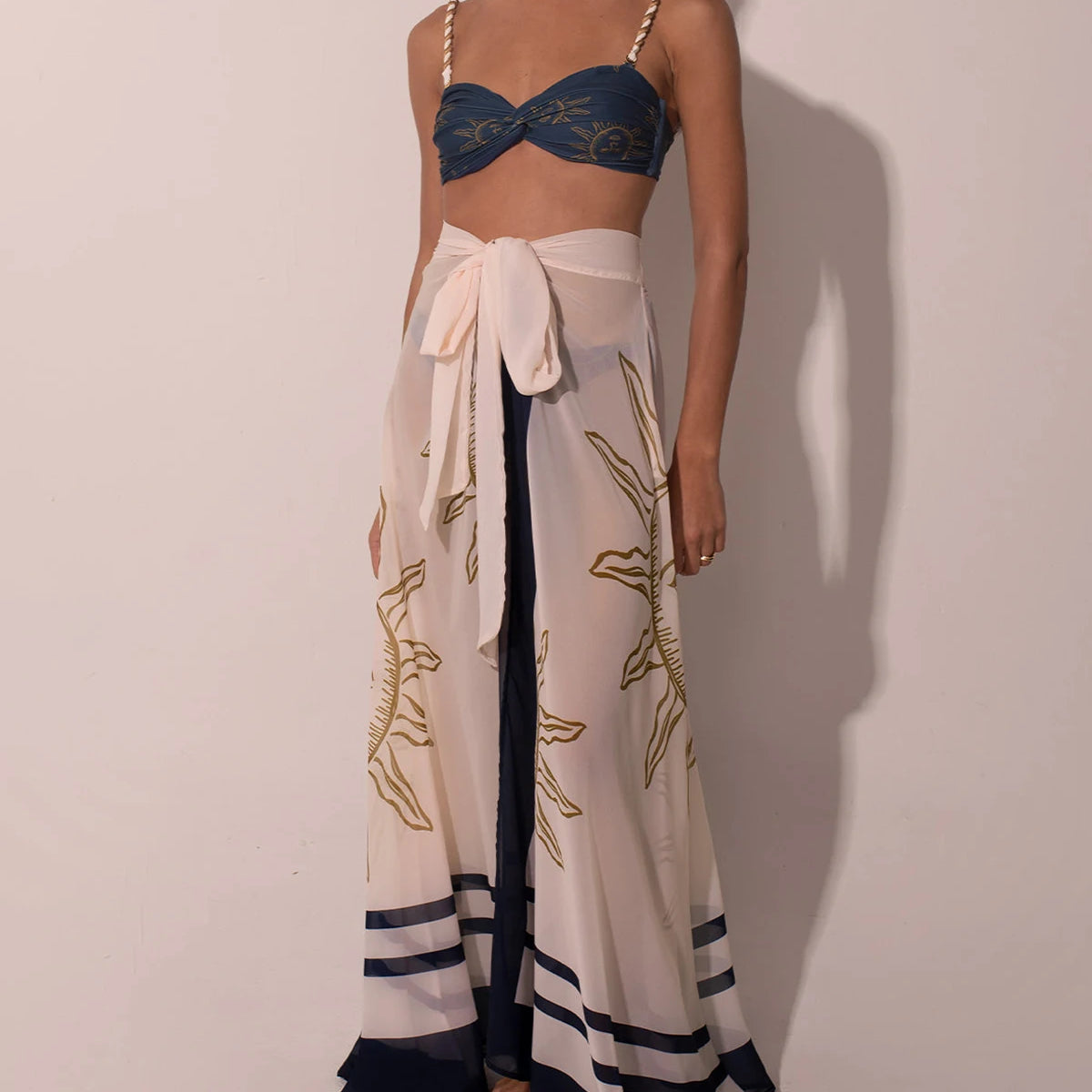 Fashion Blue Sexy Vintage Women's Swimwear Sun Printed Featured Design Hollow Out One Piece Bikini With Long Skirt 2024 Seaside