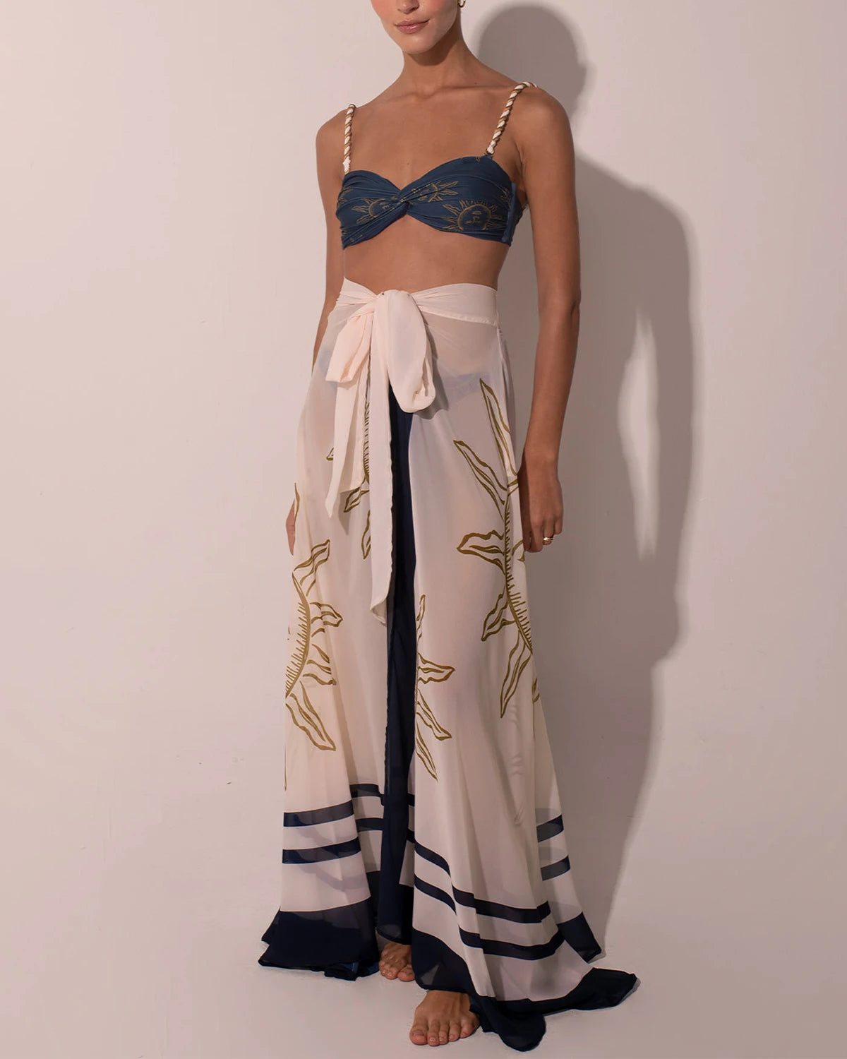 Fashion Blue Sexy Vintage Women's Swimwear Sun Printed Featured Design Hollow Out One Piece Bikini With Long Skirt 2024 Seaside