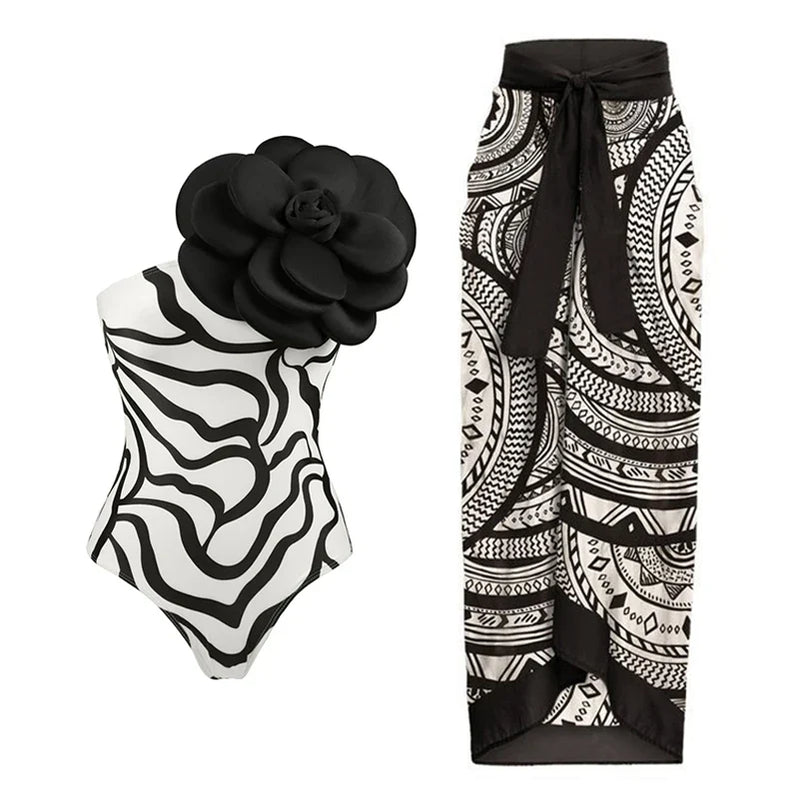 ZAFUAZ Sexy Swimwear Printd Flower Push Up Bikini Set Brazilian Skirt Women Swimsuit Beachwear Bathing Suit Dress Monokini