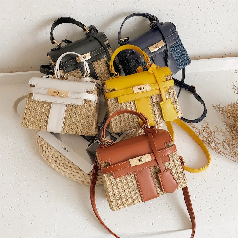 Fashion Box Straw Women Handbags Designer Wicker Woven Shoulder Crossbody Bags Chic Lock Pu Summer Beach Rattan Small Flap