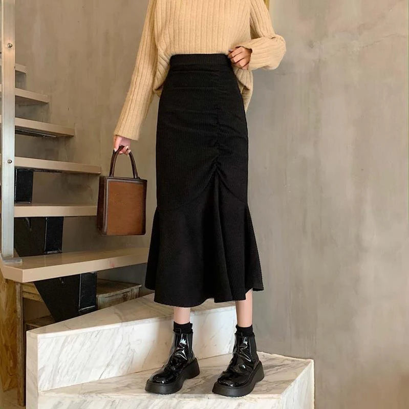 Fashion High Waist Midi Skirts for Women Spring Slim Fit Hip Mermaid Skirt Woman Korean Ruffles Brown Skirts 2XL