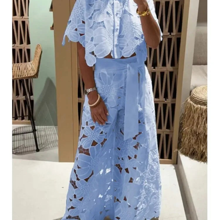 Sexy Lapel Single-breasted Shirt Top + Wide-leg Pants 2-piece Set Women Fashion Solid Color Elegant Casual Hollow Suit Female