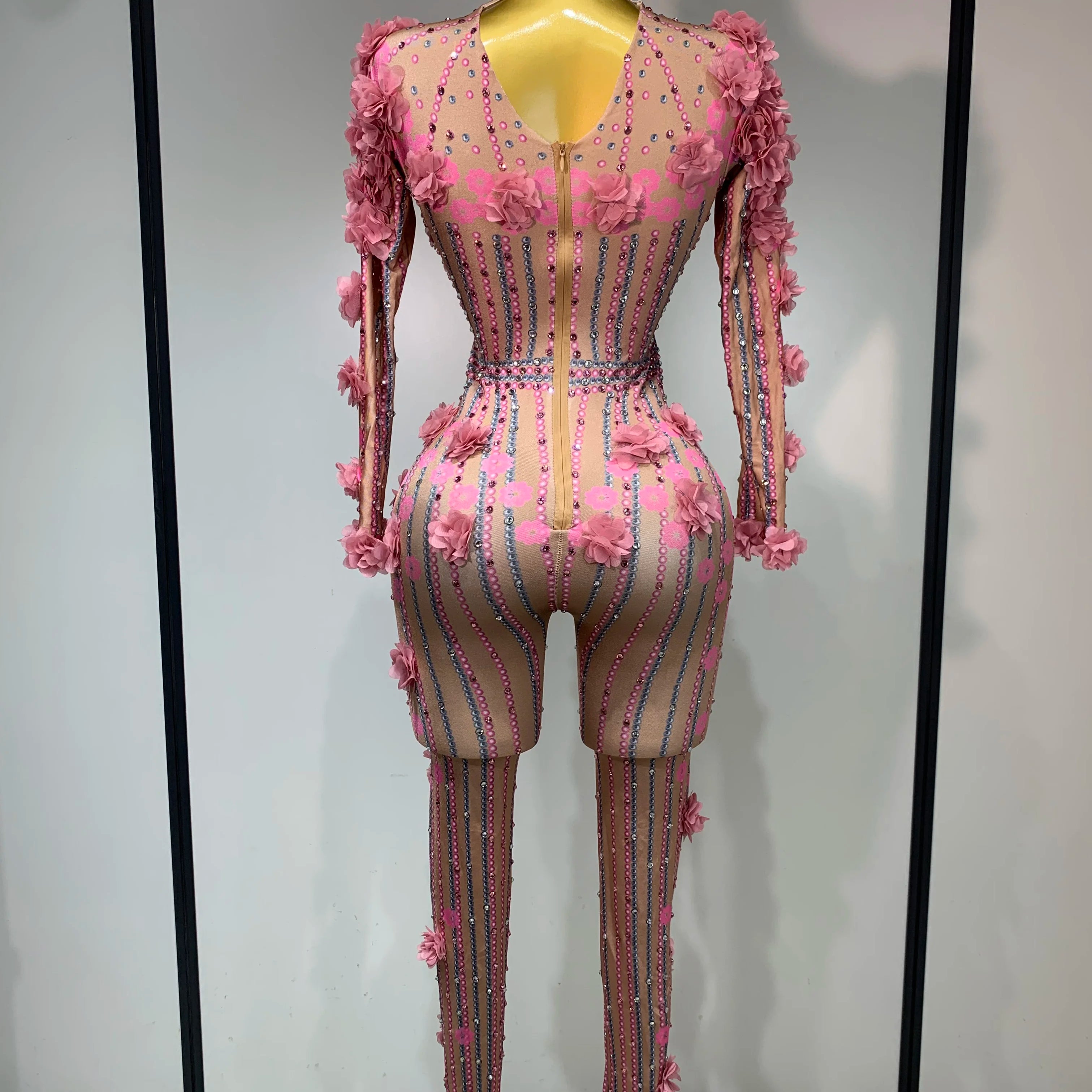 Sexy Skinny Rhinestones Flower Long Sleeve Bodycon Jumpsuit Women High Street Nightclub Birthday Performance Dance Stage Outfit