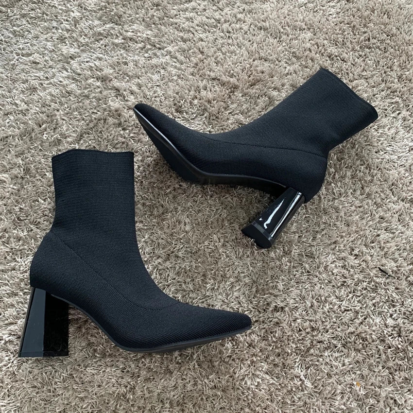 Fashion knitting Women Ankle Elastic Boots Shoes Footwear Female High Heels Pointed Toe Ladies Short Stretch Boots Shoes