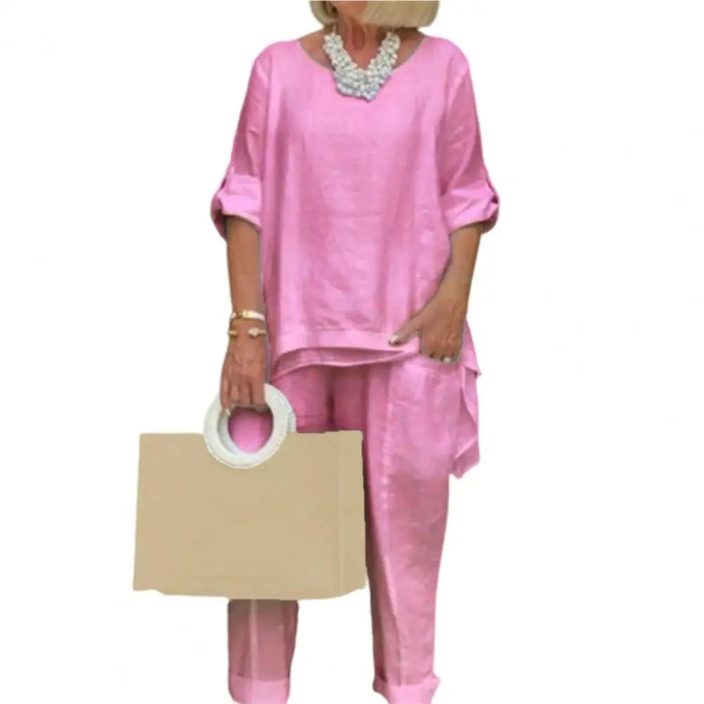Women Casual Two Pieces Set Summer Fashion Half Sleeve O-Neck Loose Suit Female Vintage Pocket Top Long Pants Solid Outfit Pink