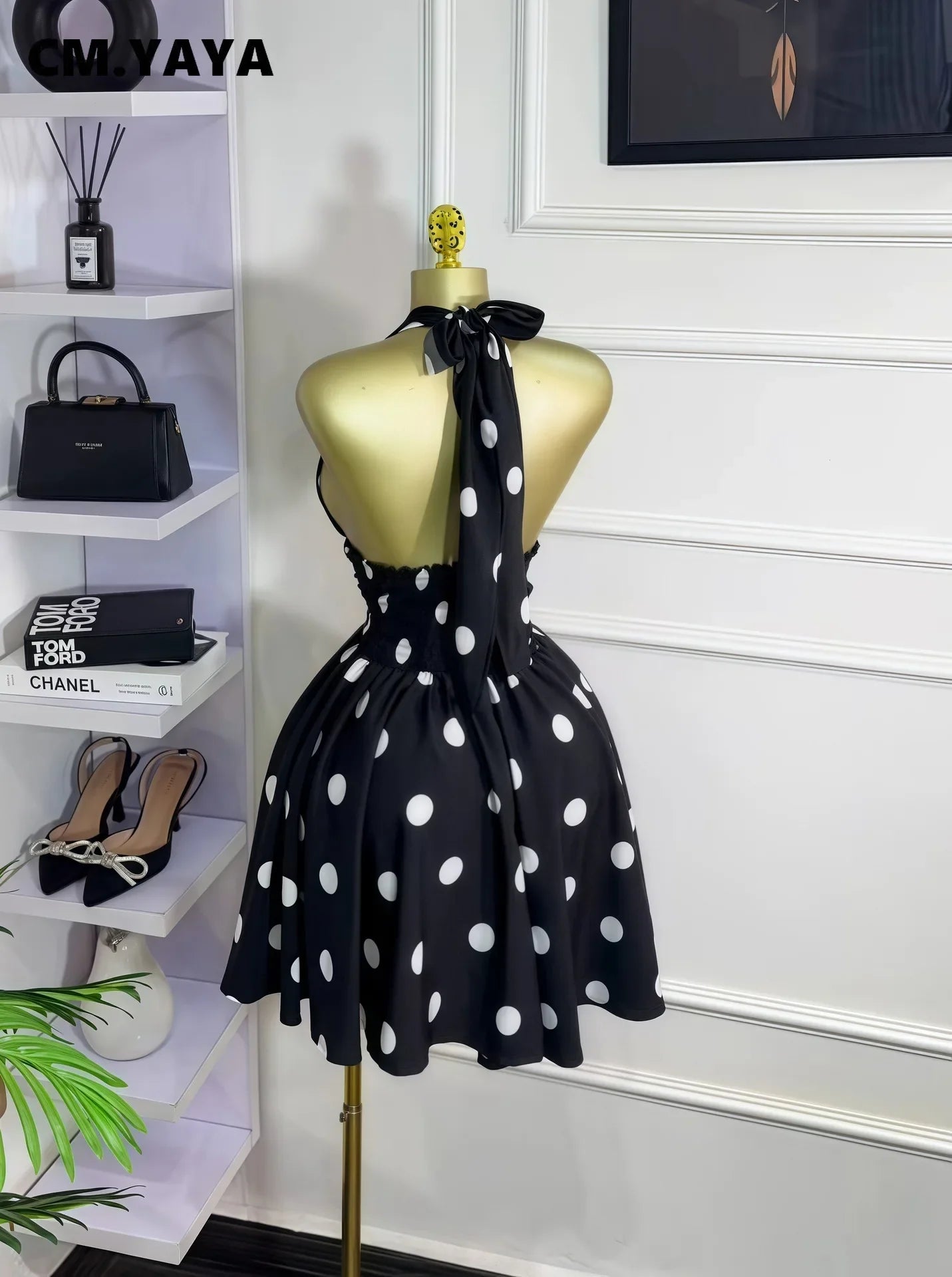CM.YAYA Women Dot Printed Sleeveless Halter V-neck Big Swing A-line Mini Dress 2025 Summer Vacation Sexy Party Evening Dresses