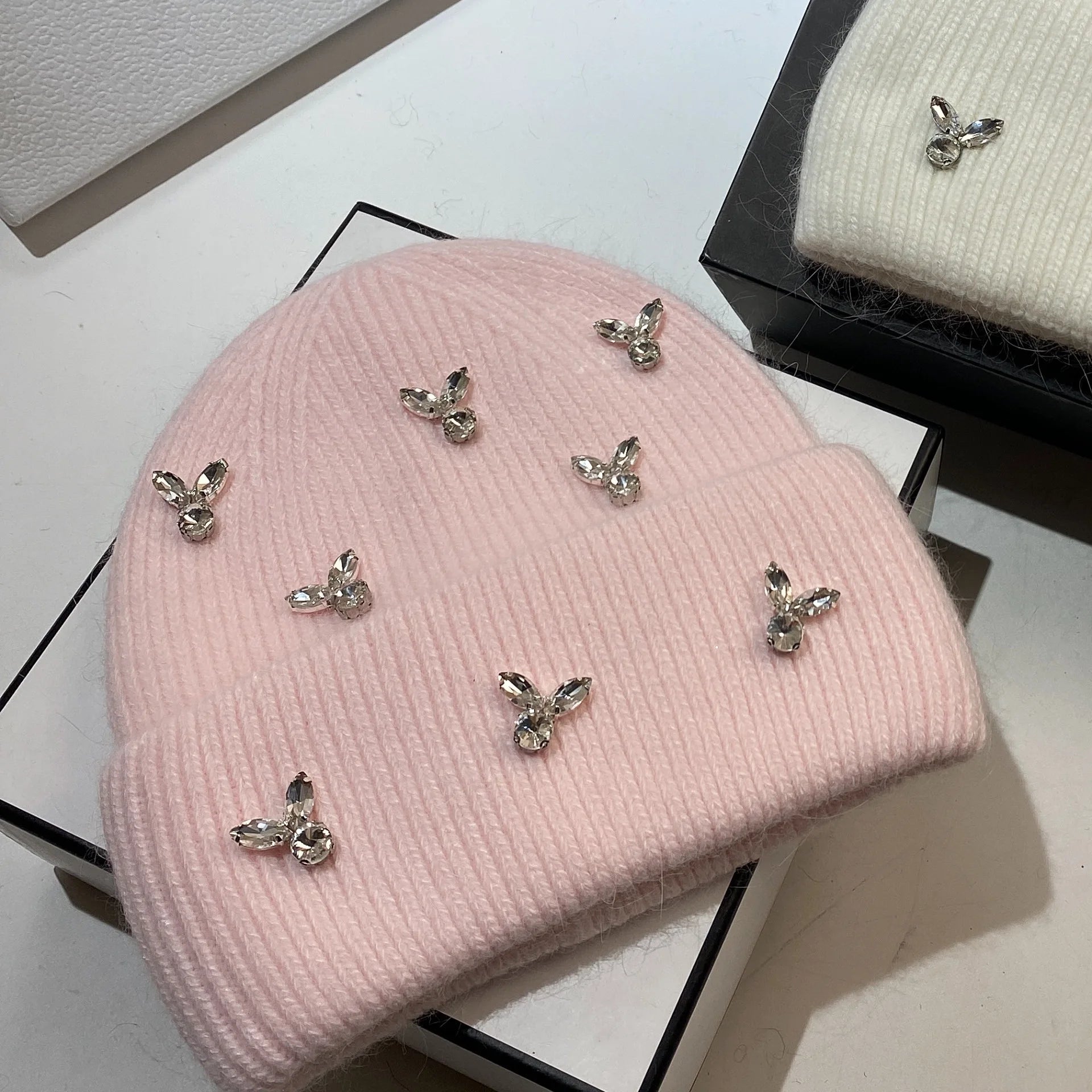 Luxury Rhinestones Fashion Women's Winter Hats Real Rabbit Fur Lady Warm Knitted Hat Outdoor Wool Skullies Beanies Skiing Caps pink
