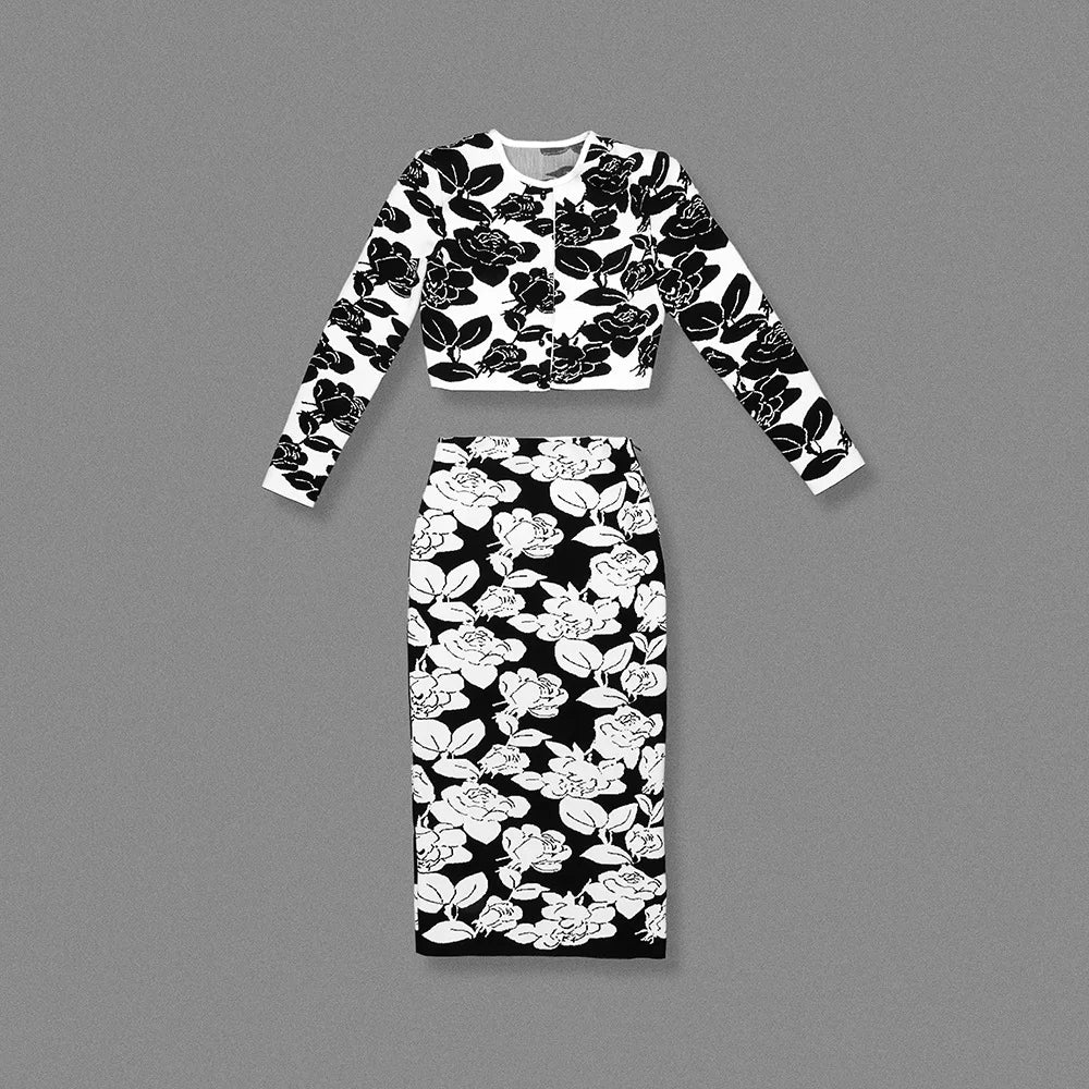 TWOTWINSTYLE Hit Color Printing Two Piece Sets for Women Round Neck Long Sleeve Patchwork Button Top High Waist Skirt Set Female