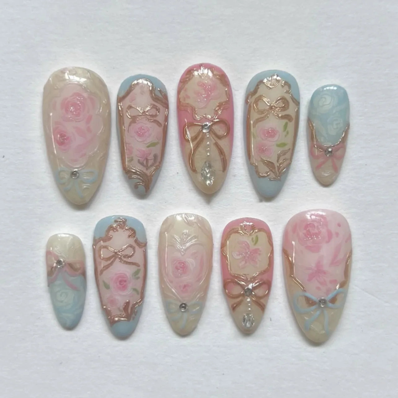 24Pcs Mid-length Almond Press on Fake Nails with Insect Flower Button Design Full Cover Nails Tips Reusable Finished False Nails