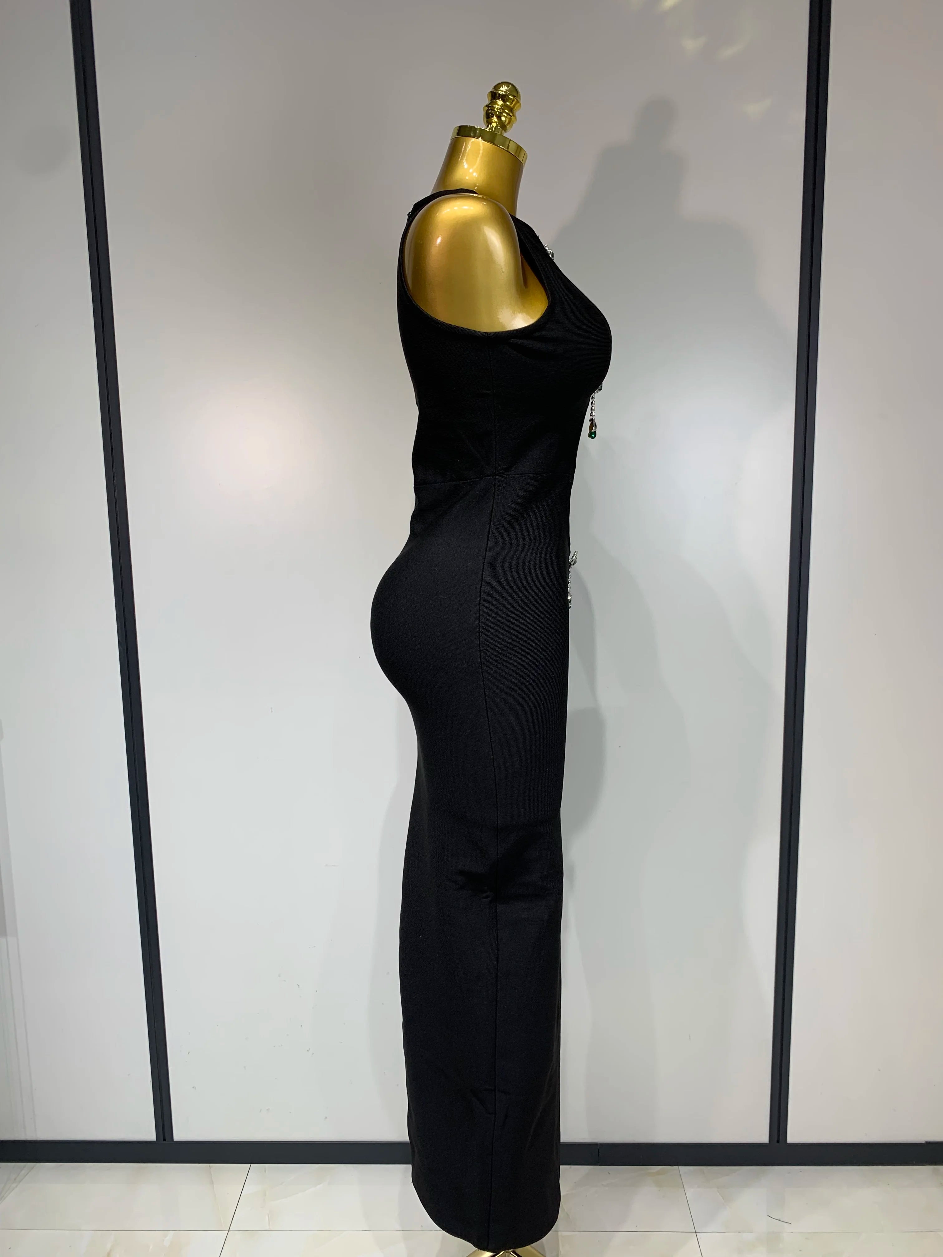 Women Celebrity Sexy Cut Out Diamonds Black Long Bodycon Bandage Dress 2025 Elegant Evening Club Party Luxury Birthday Dresses