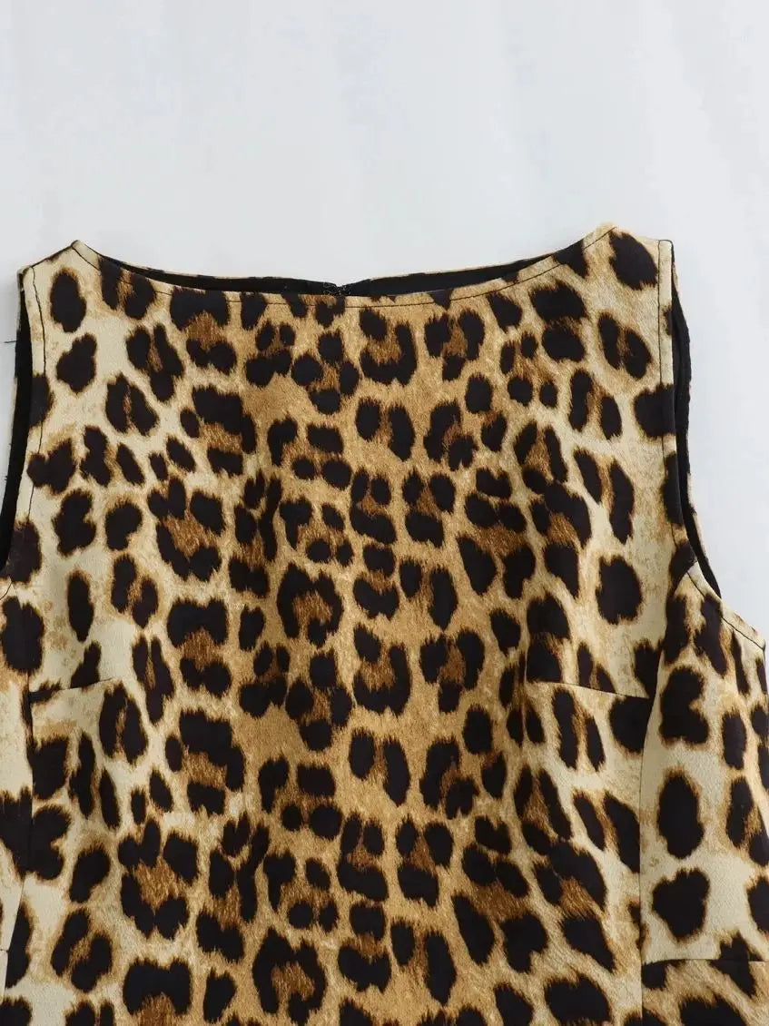 XNWMNZ Women Fashion Animal Print Dress Women High Street O Neck Sleeveless Back Zip Female Mini Dresses
