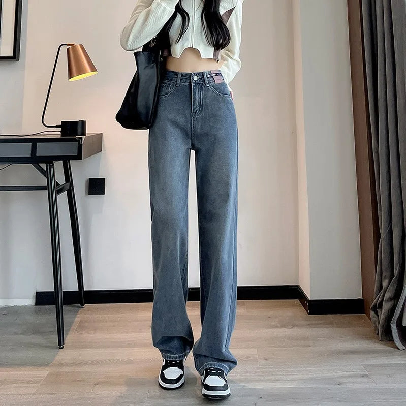 Women Jeans Denim Straight Wide Leg Pants for High Waisted Mop Trousers Brand