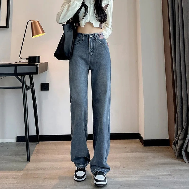 Women Jeans Denim Straight Wide Leg Pants for High Waisted Mop Trousers Brand