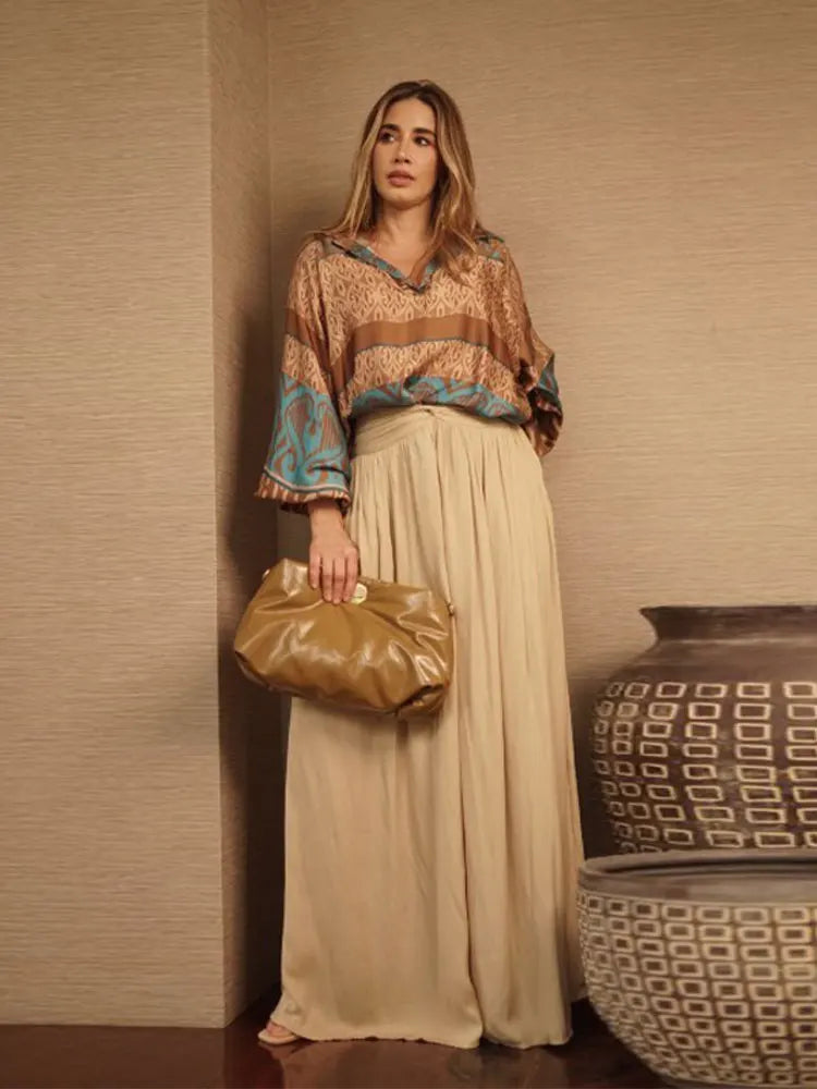 Women Loose High Waist Pant Print V Neck Long Sleeves Top 2 Pieces Sets Spring Summer Casual Street Female Outfits NEW