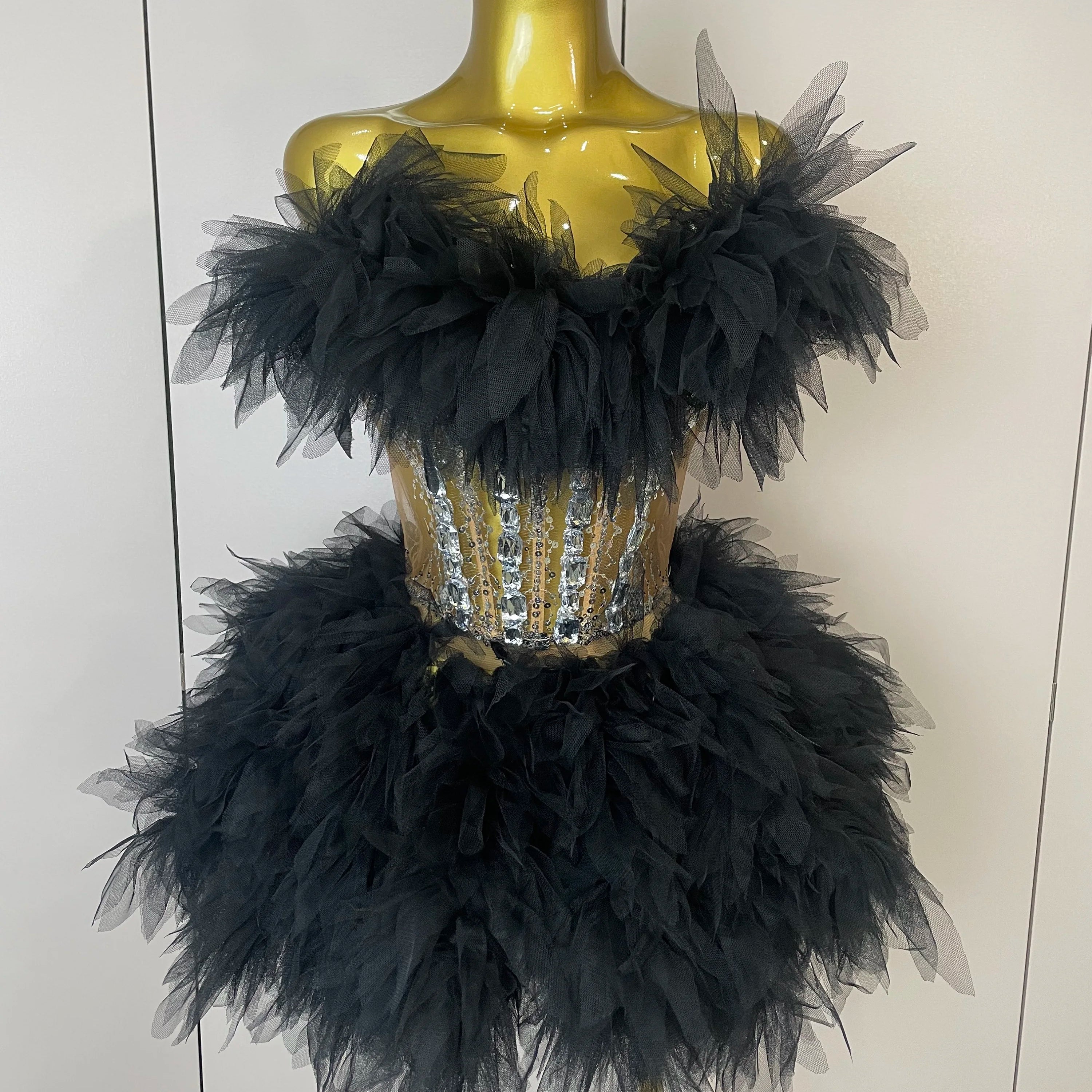 Jupe sexy dos nu en maille duveteuse pour femme, ensemble 2 pièces à paillettes et diamants, tenue de scène, de fête d'anniversaire, de tournage, 2025