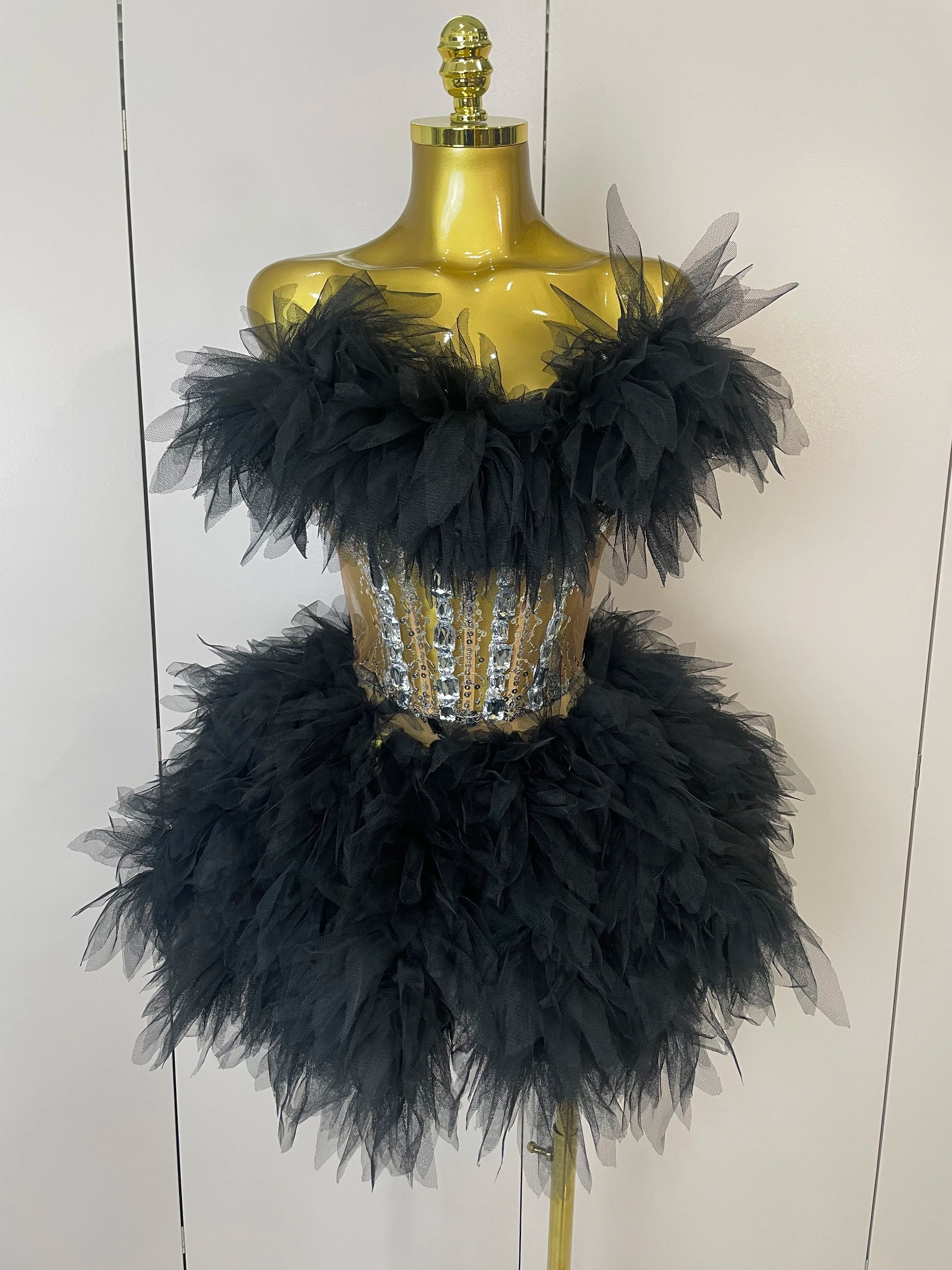 Jupe sexy dos nu en maille duveteuse pour femme, ensemble 2 pièces à paillettes et diamants, tenue de scène, de fête d'anniversaire, de tournage, 2025
