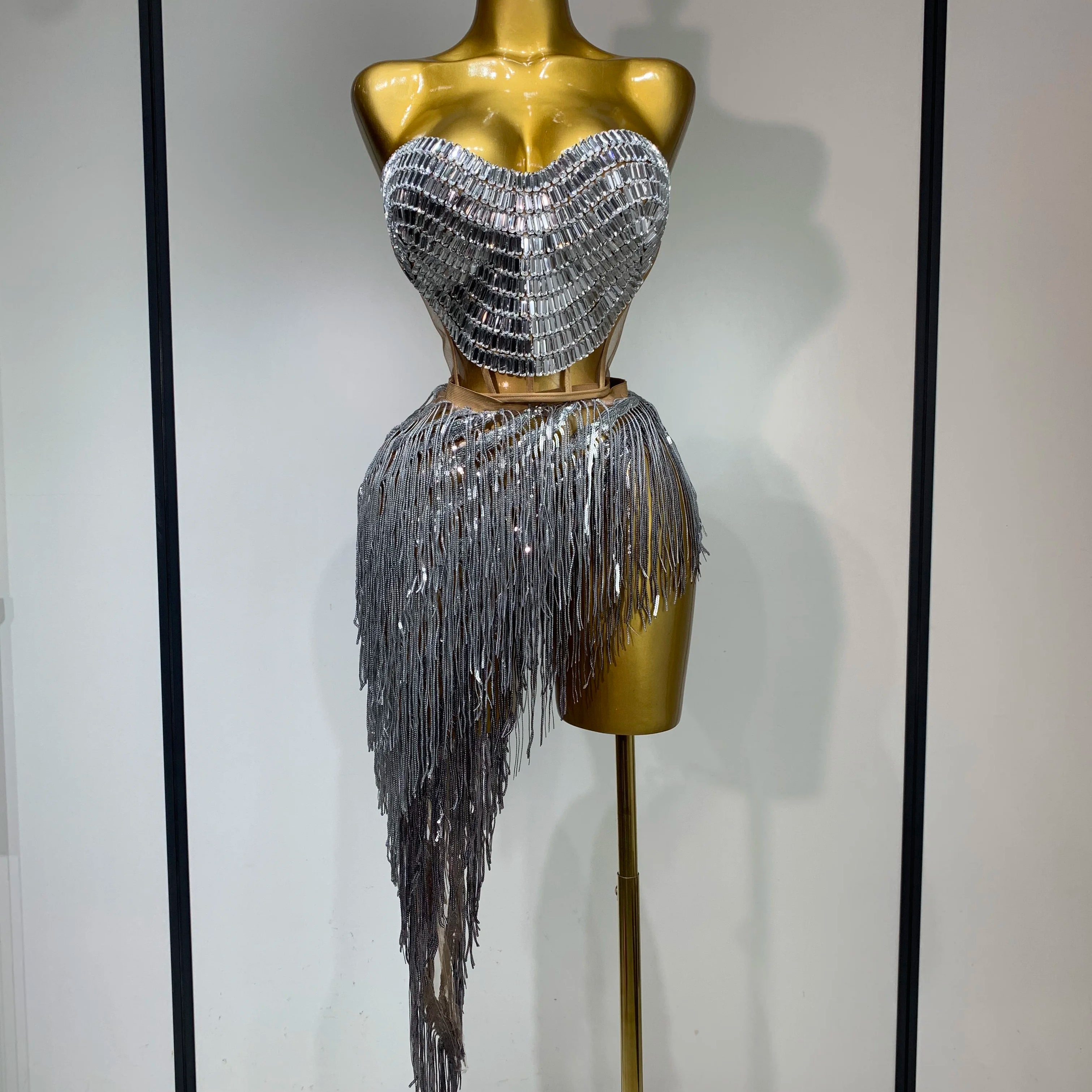 Sexy Sparkly Diamond Tassel Two Piece Set Women Evening Party Luxury Birthday Nightclub Singer Dancer Performan Stage Costume