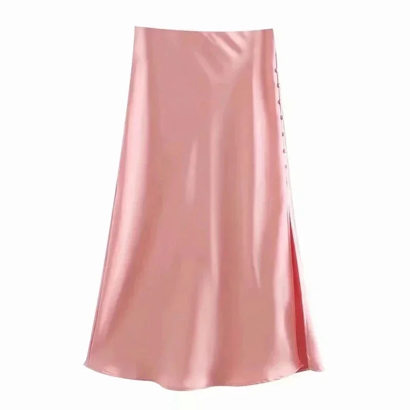 Foridol High Waist Button Slit Midi Satin Skirts Womens Autumn A-line Silk Elegant Skirt Bottoms Office Skirt Faldas Mujer Pink