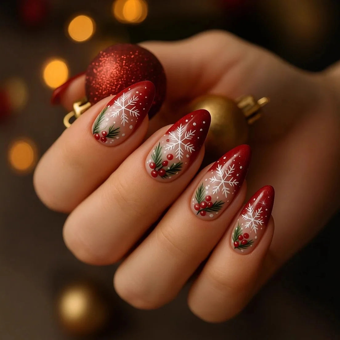 24pcs Red Glitter Press on Nails Christmas Round Head Almond False Nails Tips Fashion Leaves Pattern Short Oval Fake Nail Sets