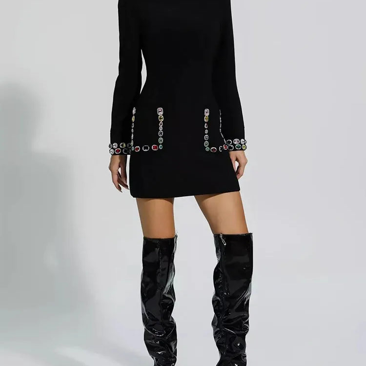 TWOTWINSTYLE Solid Patchwork Diamonds Temperament Dress For Women Round Neck Long Sleeve High Waist Slimming Dresses Female New