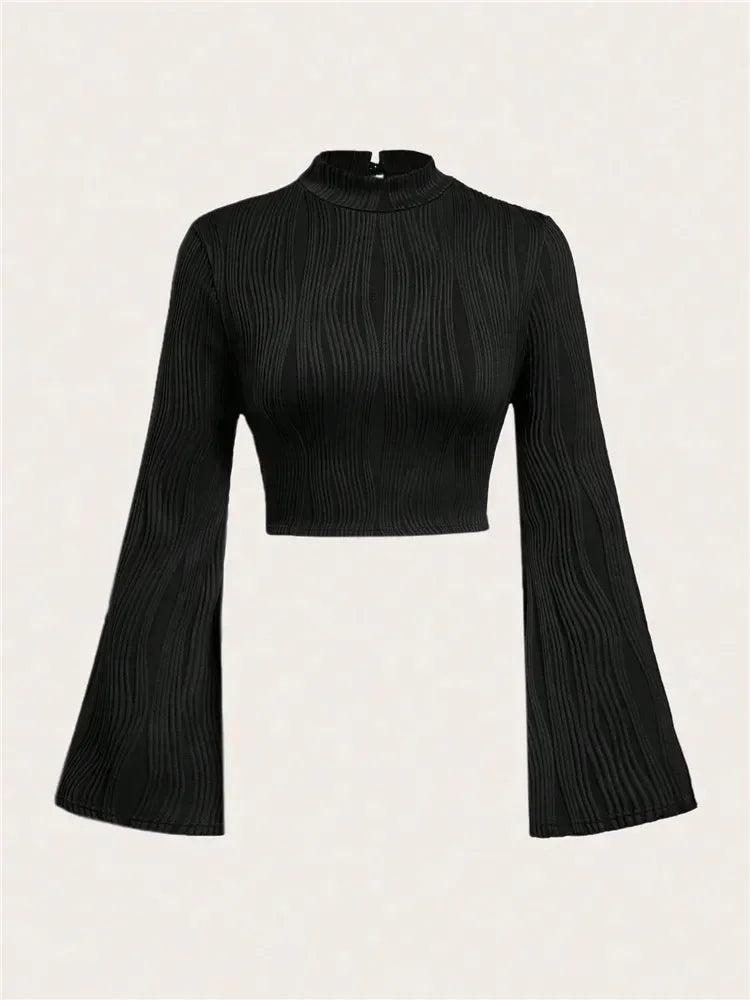 Women Textured Mock Neck Flare Long Sleeve Crop Top Fall Winter Elegant Preppy Style Y2K Rib Knit Slim T Shirt Blouse 2023 black