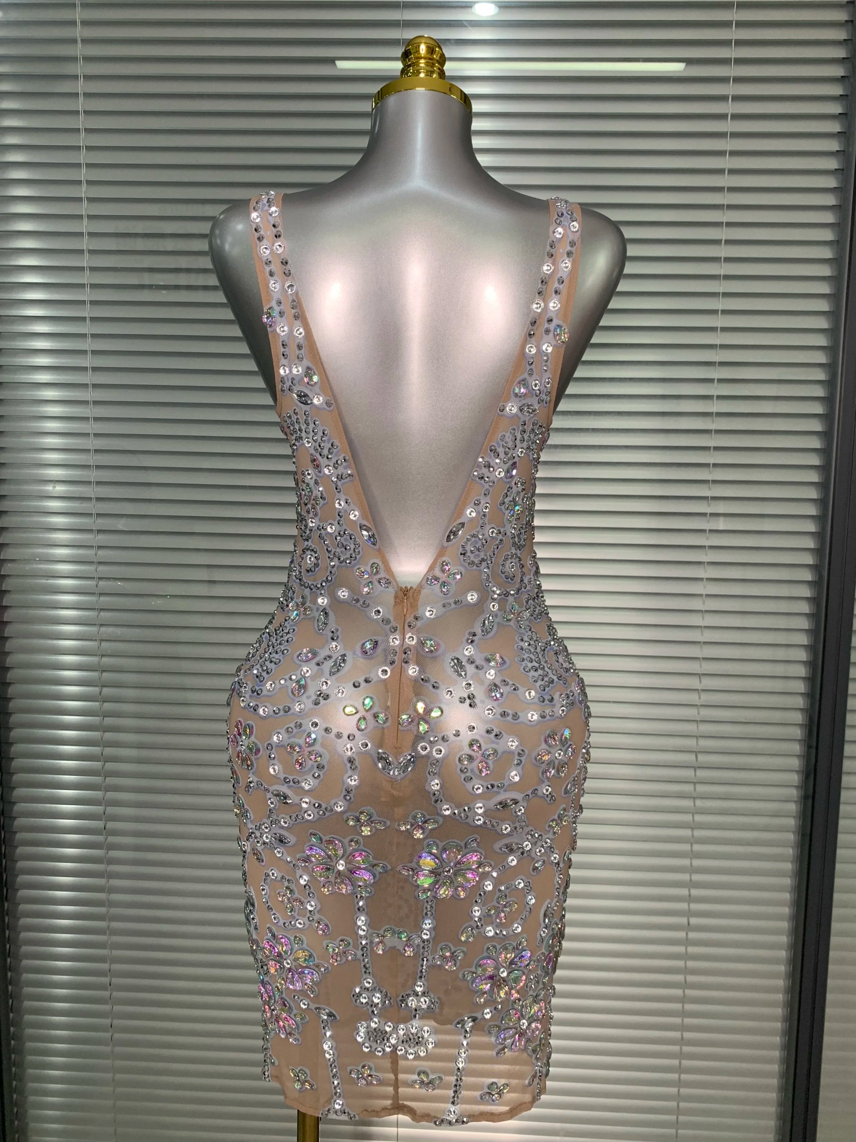 Celebrity New Women Sexy Mesh Sheer Crystal Stage Costume Stage Dancer Singer See Through Night Club Mini Party Dress