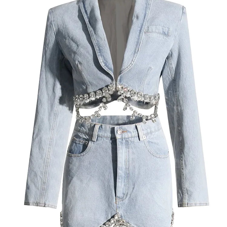 Spliced Diamonds Tassel Denim Two Piece Set For Women Lapel Long Sleeve Coat High Waist Mini Skirt Fashion Set LIGHTBLUE SET